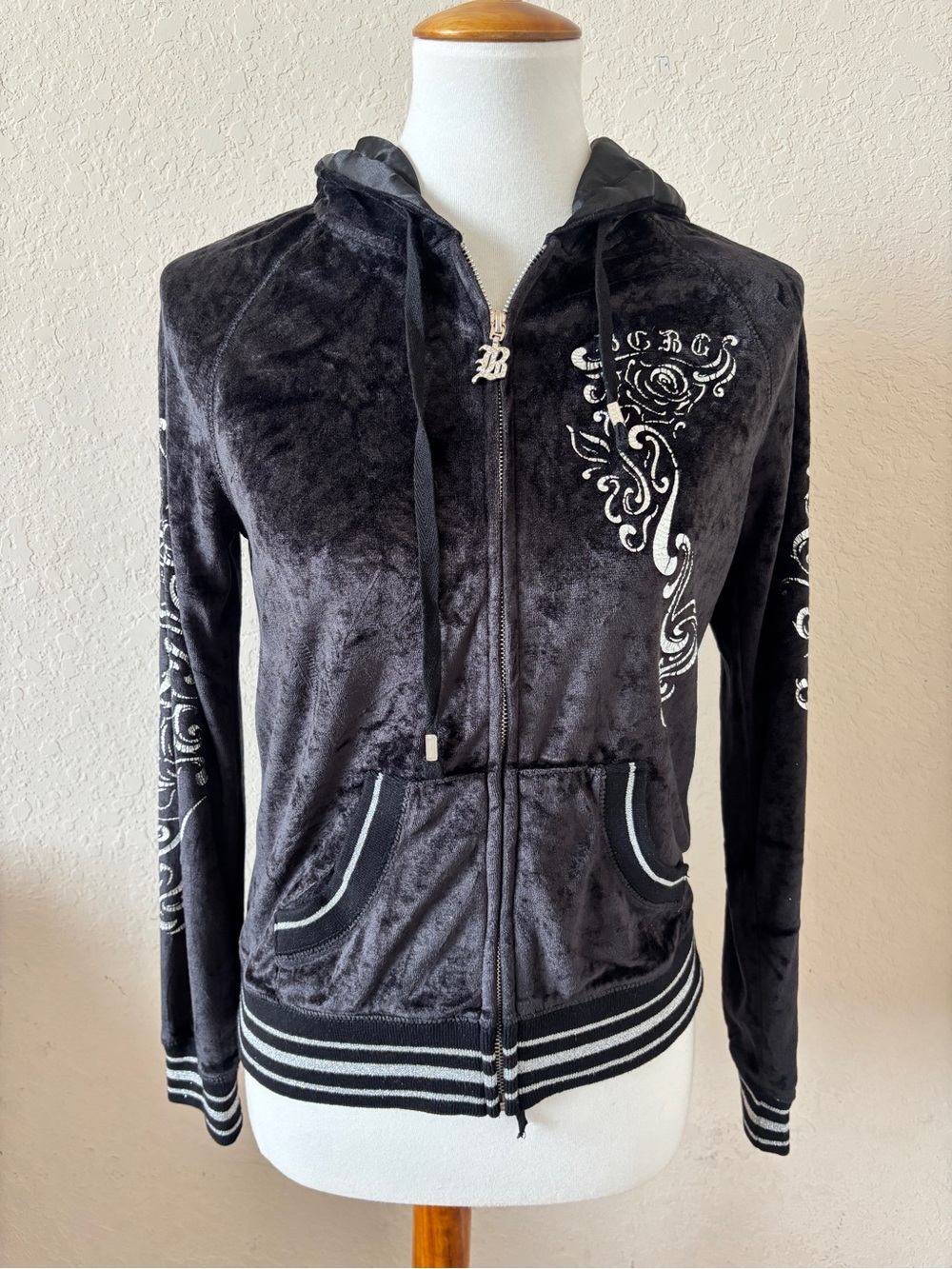 BCBG Maxazria Black Silver Velvety Velour Full-Zip Y2K Tracksuit Jacket Size M - Picture 2 of 6